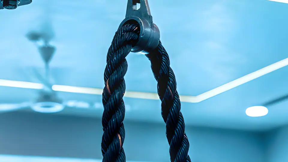 Triceps rope attachment hanging from a cable pulley