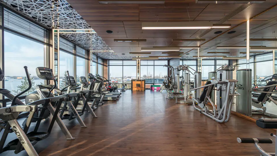 Spacious modern gym with wooden floors, cardio machines and strength stations along a wall of windows