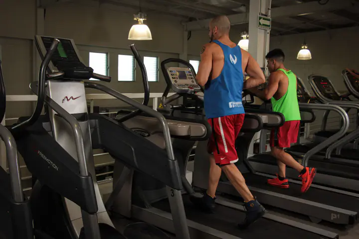 Two men walking on treadmills in a gym
