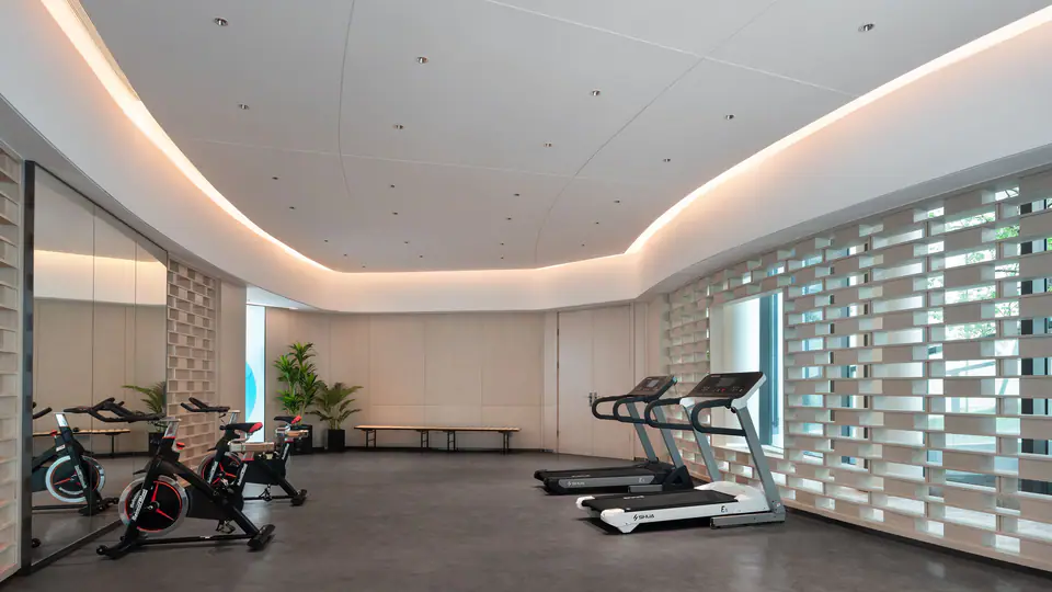 Bright, minimalist cardio studio with treadmills and exercise bikes