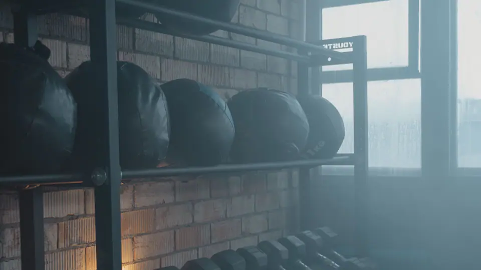 Medicine balls and dumbbells on a rack in soft, misty window light
