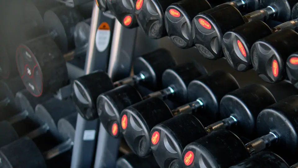 Rack of round dumbbells in a dimly lit gym